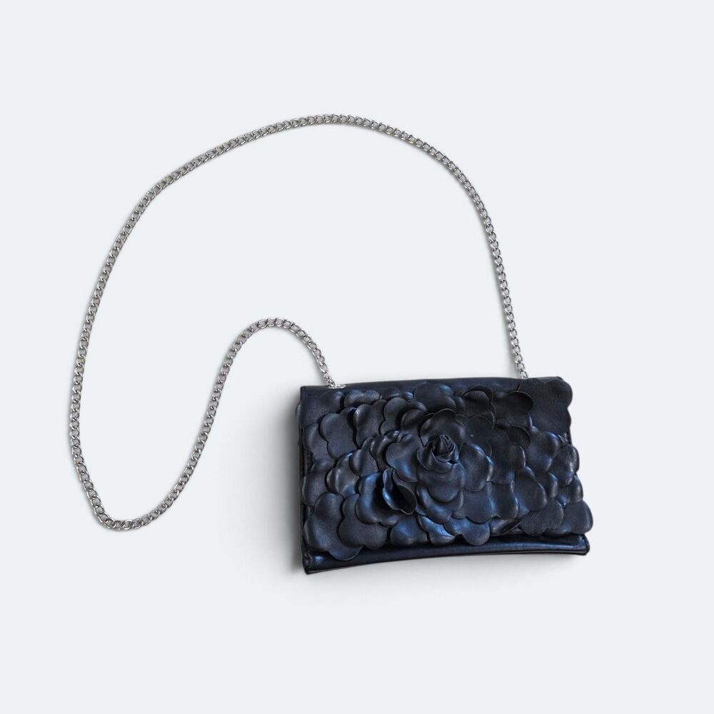 Patricia Nash Galina Black Leather 3D Flower Petal Crossbody Bag Wallet Clutch